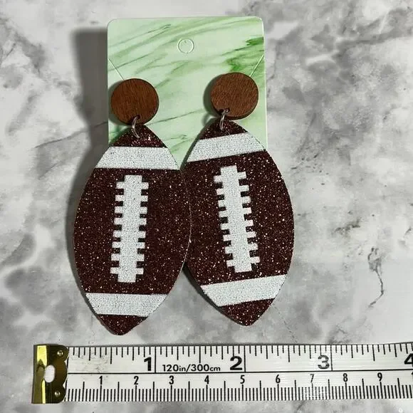 Handcrafted Faux Leather Glitter Football Earrings with Post Backs - Picture 3 of 5